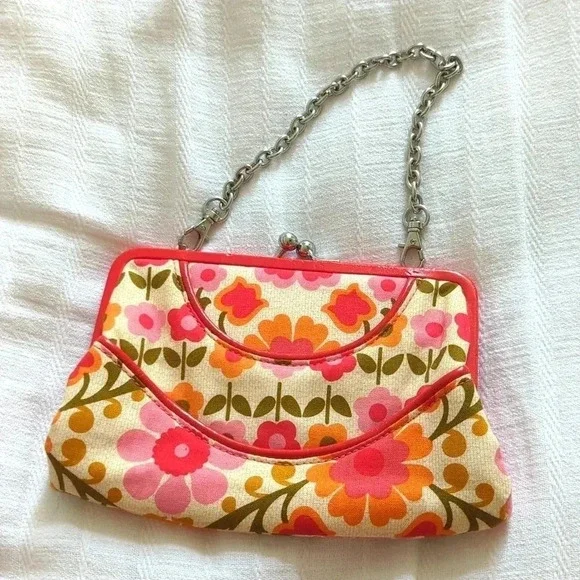 Vera Bradley Pink and Orange Flower Print Mini Handbag Purse with chain - Picture 2 of 5